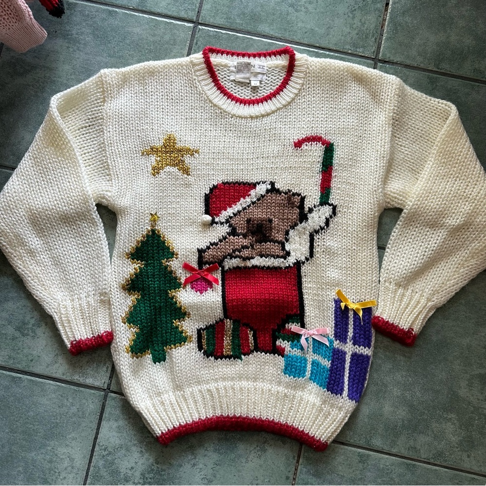 VTG 80s Retro Chunky Knit Christmas Teddy Bear Sweater